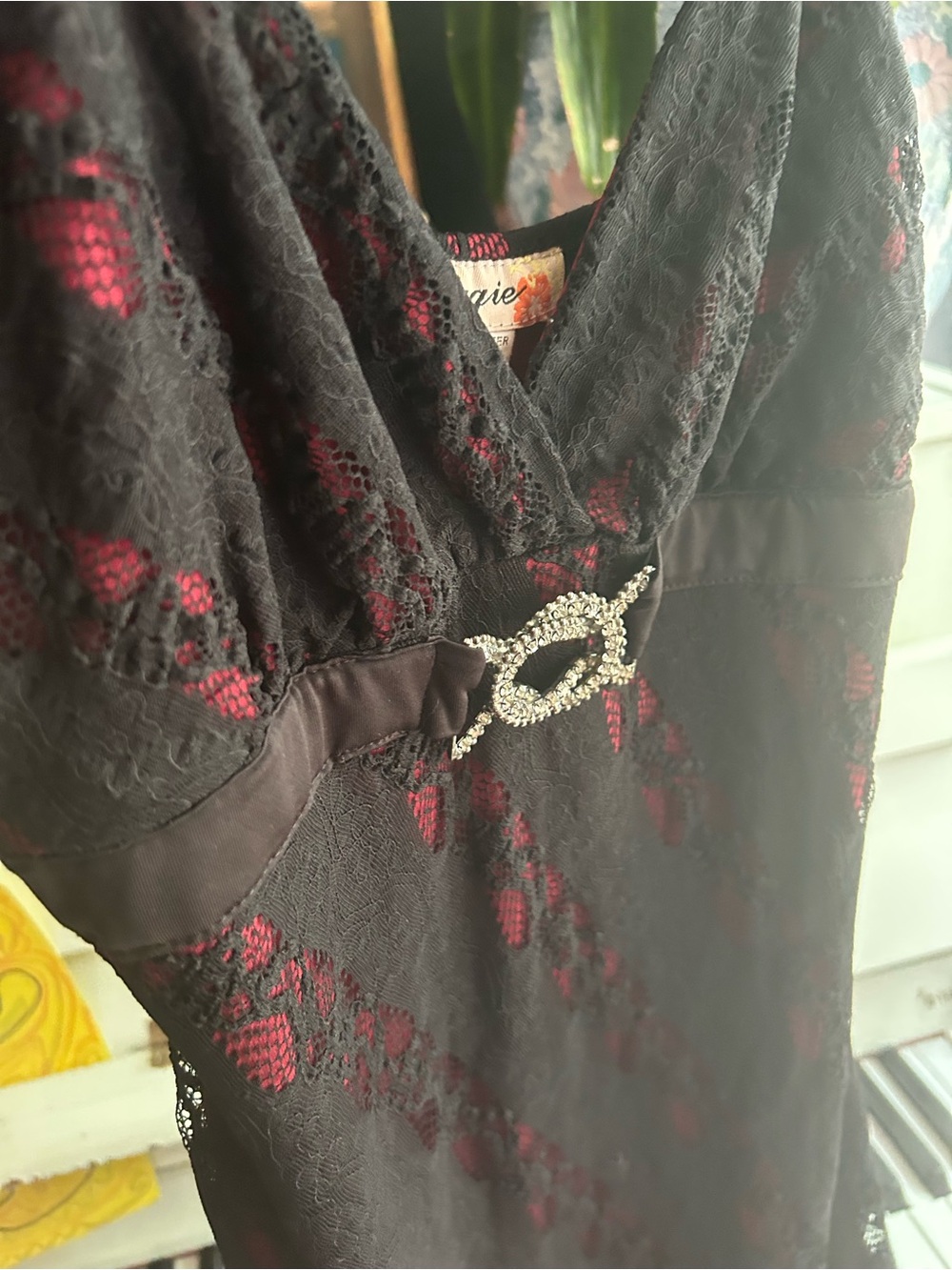 Aggie Lace Slip Dress Black Red Rhinestone Buckle Goth Y2K Party Small